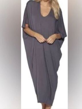 Barefoot Dreams Luxe Milk Jersey Caftan Dress One Size Plus Gray Dolman Sleeve